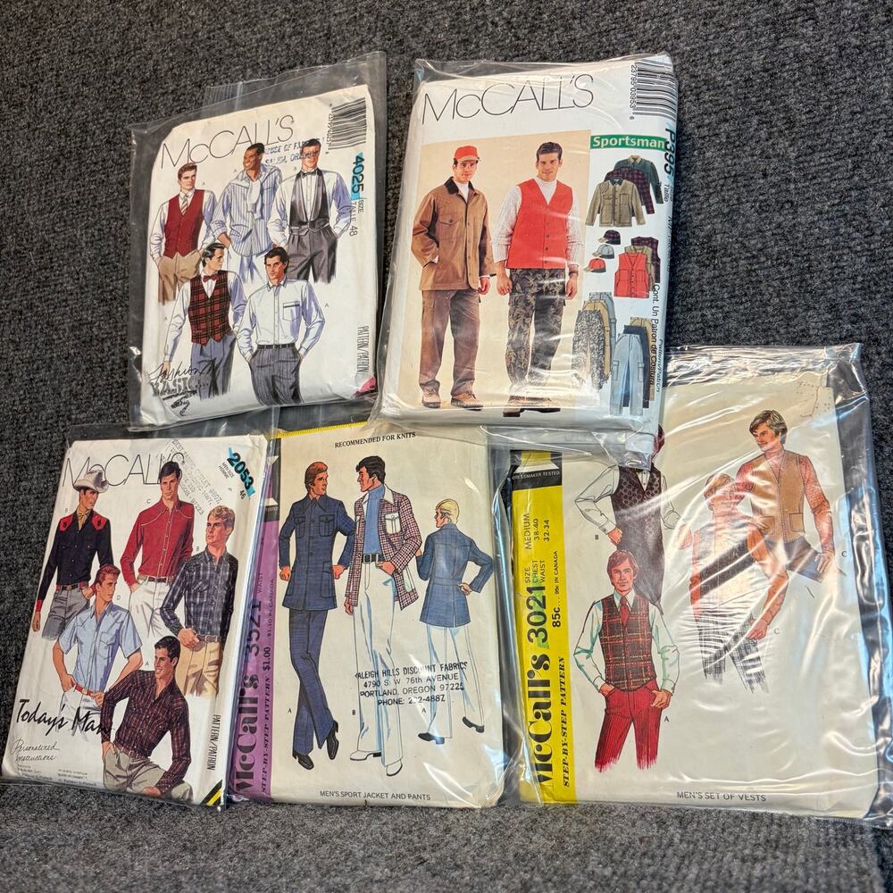 Lot 5 Vintage 70s 80s McCalls Sewing Patterns Mens Clothing Shirts Vests Pants